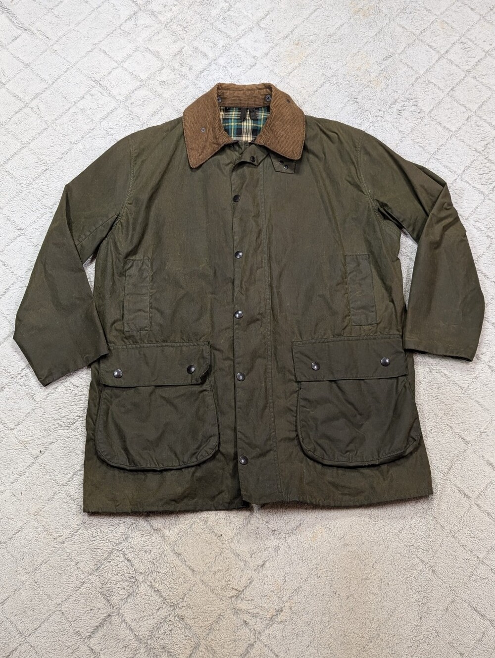 Vtg Barbour Jacket Mens 44 XL Green Olive Border Wax Coat Weather Outdoor A200
